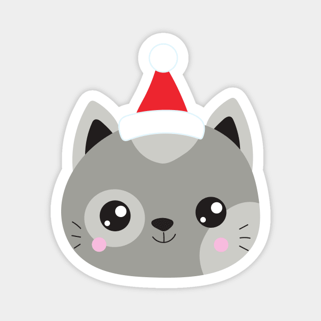 Christmas Cat, Santa Hat, Cat With Hat, Cute Cat Magnet by Jelena Dunčević