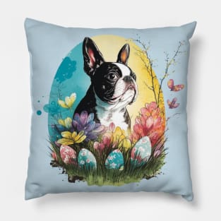 Boston Terrier dog Easter Egg Spring Floral Watercolor Painting Splatter Dog lover art Pillow