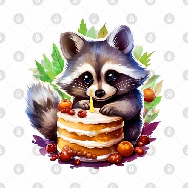 Summer and Spring Happy birthday Raccoon with a birthday cake by beangeerie