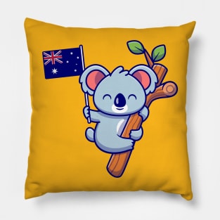 Cute Koala Hanging On Tree And Holding Australian Flag Pillow