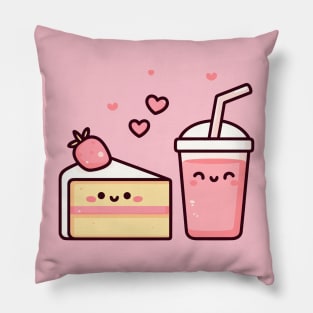 Kawaii Strawberry Lovers Design with Strawberry Cake and Milkshake | Cutesy Kawaii Pillow