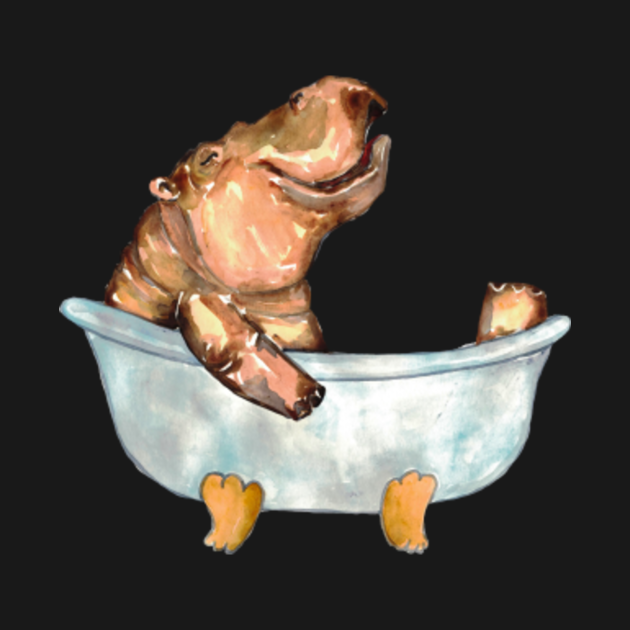 Hippo taking bath watercolor painting print art bathroom room washroom