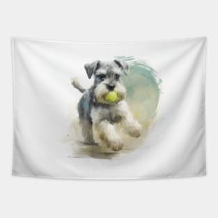 Miniature Schnauzer Playing Ball Watercolour Painting Tapestry