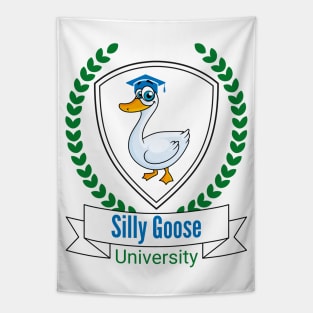 Silly Goose University - Cartoon Goose Design With Green Details Tapestry