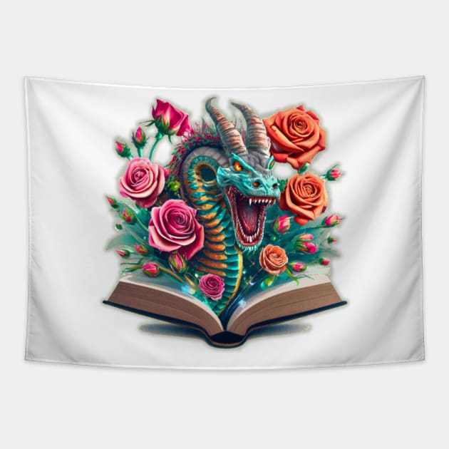 book with dragon and roses coming out of it Tapestry by JnS Merch Store