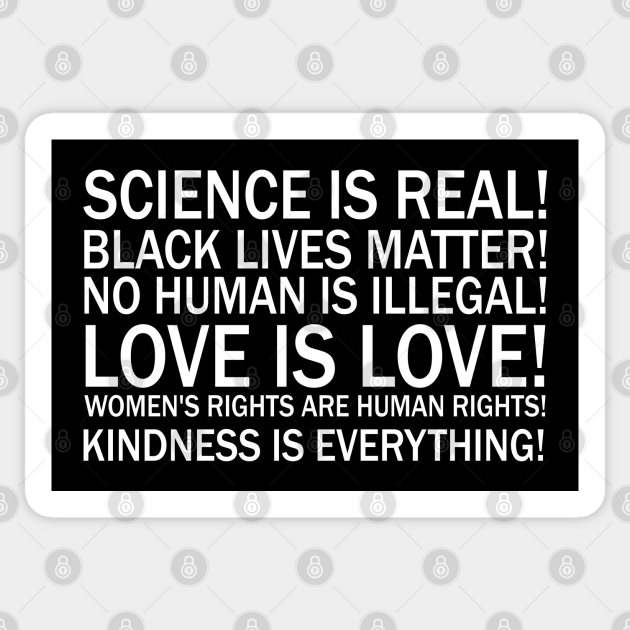 Science is real! Black lives matter! No human is illegal! Love is love! Women's rights are human rights! Kindness is everything! - Equal Rights - Sticker