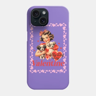 Valentine's Day Illustration For Dog Lovers - Girl With Two Puppies - Vintage Art Phone Case