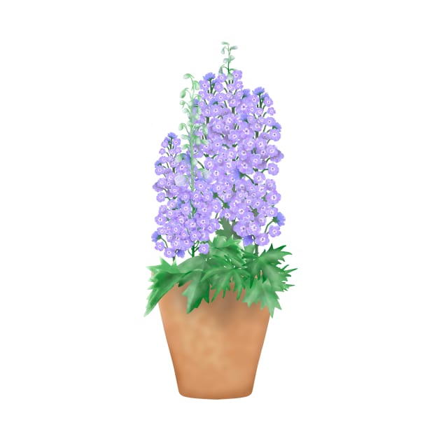 Violet delphiniums in a pot by Amalus-files