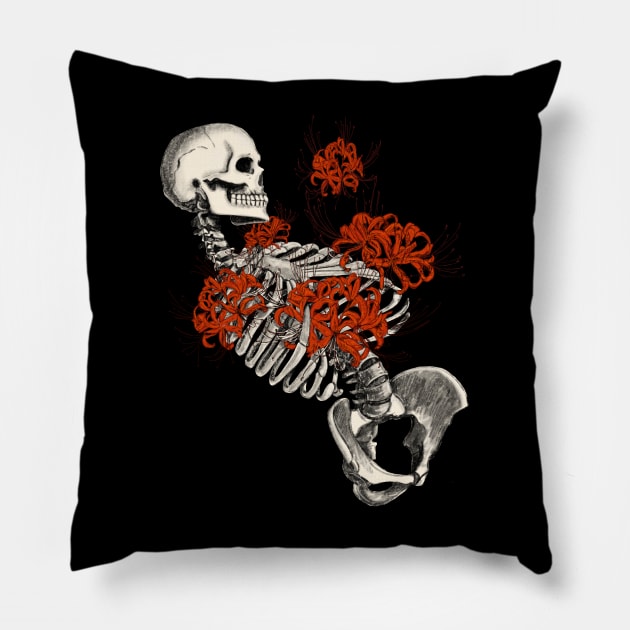 red spider lily and skeleton design Pillow by Handan