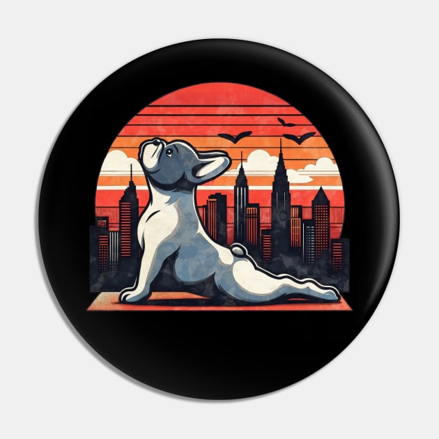 French bulldog, yoga style, silhouette frenchie on watercolor sunset and city Pin by Collagedream