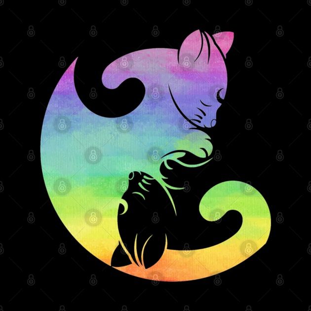 Cat Yin Yang Rainbow Yoga Meditation Positive Negative Balance LGBT by AmbersDesignsCo