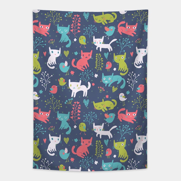 Cat & Bird Pattern Tapestry by AnnieWijaya