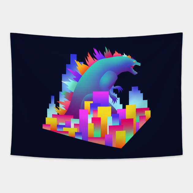 Neon city Godzilla Tapestry by Alice_Wieckowska