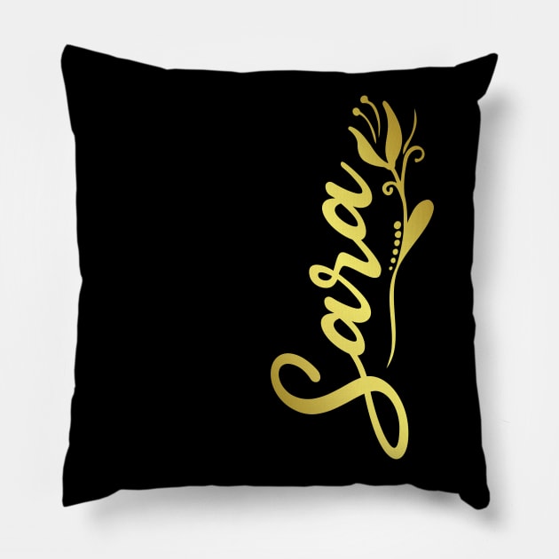 Sara Name Faux Gold Yellow Tulip Flourish Pillow by xsylx