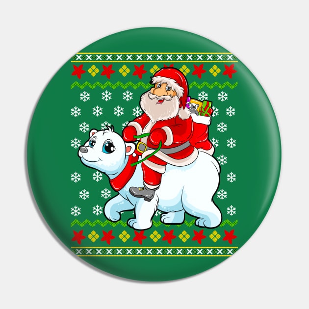 Santa Claus Riding Polar Bear Ugly Christmas Sweater Pin by E