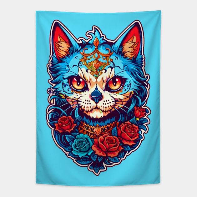 Sugar Skull Cat Tapestry by CatCoconut-Art