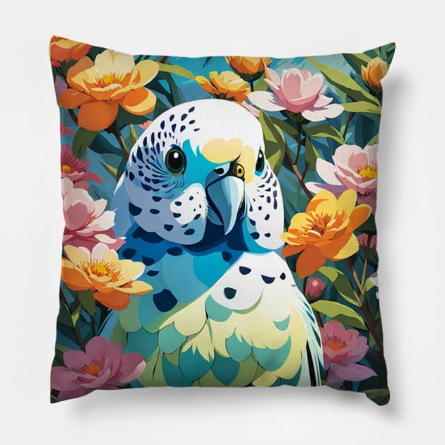 Blossoming Budgie- Budgerigar with beautiful buttercups Pillow by Sieve's Weave's