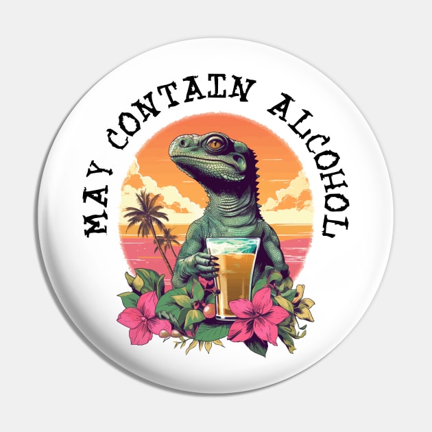 Green Lizard Holding Beer - May Contain Alcohol (Black Lettering) Pin by VelvetRoom