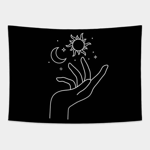 Moon and Sun Hand Line Art Tapestry by themadesigns