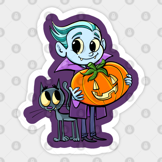 little dracula holds a pumpkin for halloween and the cat flies around his legs - Dracula Halloween - Sticker | TeePublic little dracula holds a pumpkin for halloween and the cat flies around his legs - Dracula Halloween - Sticker | TeePublic