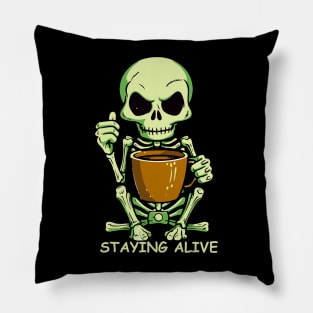 Staying Alive Coffee Skeleton Pillow