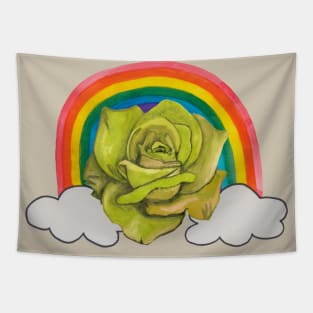 Yellow rose with rainbow and clouds Tapestry