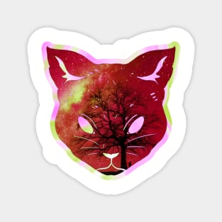 Red starry sky tree silhouette prismatic iridescent cat Magnet