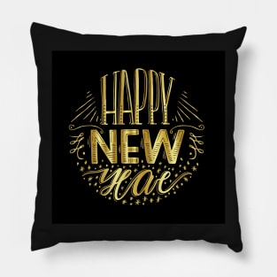 Happy New Year, Gold and Black Typography, Lettering Pillow