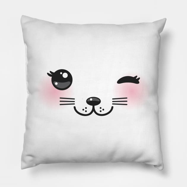 Kawaii funny cat muzzle with pink cheeks and winking eyes (2) Pillow by EkaterinaP