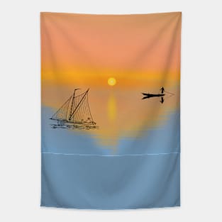 Beautiful Sunset Boat Silhouette Tapestry