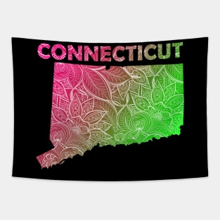 Colorful mandala art map of Connecticut with text in pink and green Tapestry