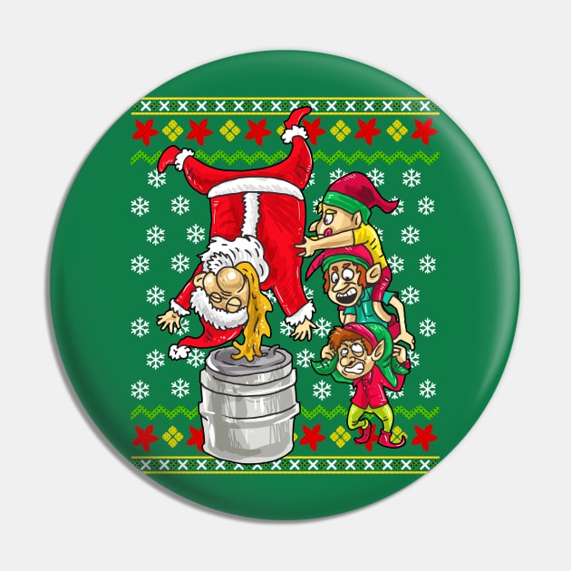 Santa Claus Elf Beer Keg Stand Ugly Christmas Sweater Pin by E