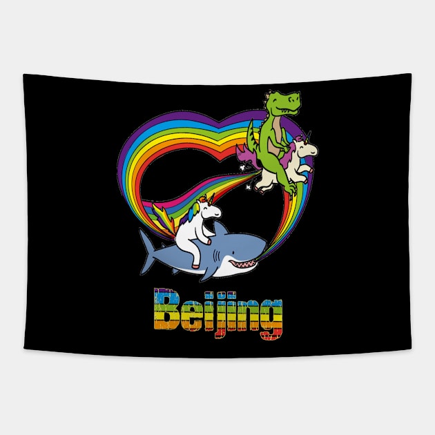 Beijing Gift Dinosaur riding Unicorn T Rex Racing Shark Kids Boy Girl Teen Baby Cute Funny Rainbow Cool Tapestry by Argosy