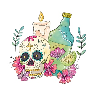 Watercolor Dia de los Muertos Skull T-Shirt