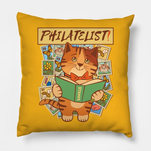 Stamp Collector Philatelist Cat Pillow by Sue Cervenka