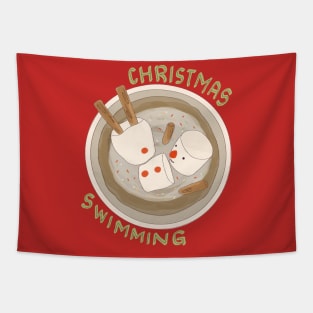 Marshmallow Snowman Swimming in Holiday Drink Tapestry