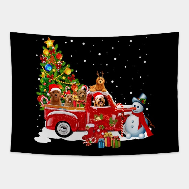 Red Truck Merry Christmas Tree Doodle Dog Christmas T-Shirt Tapestry by kimmygoderteart