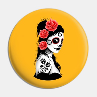 Red Day of the Dead Sugar Skull Girl Pin