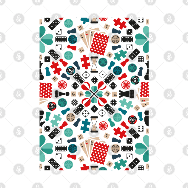 Wanna play? // pattern // white background teal red mint brown black and white game pieces by SelmaCardoso