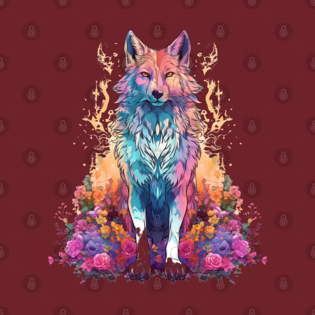 Colorful Wolf With Flowers by LetsGetInspired