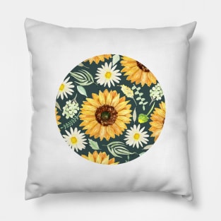 Sunflowers and Daisies | Watercolor | Green | Pattern Pillow