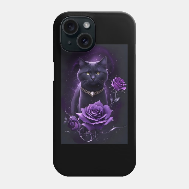 Mystical Purple Black Cat With Diamonds and Roses Phone Case by MiracleROLart