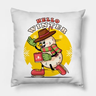 Hello Winter, a cute cartoon character of a snowman ice skating Pillow