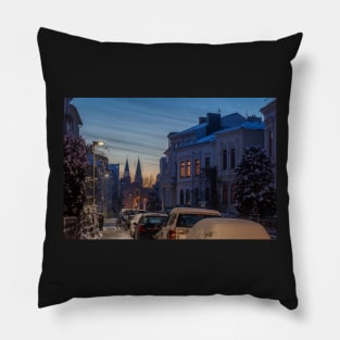 Fedellisten, winter, houses, snow, evening, dusk, Germany Pillow