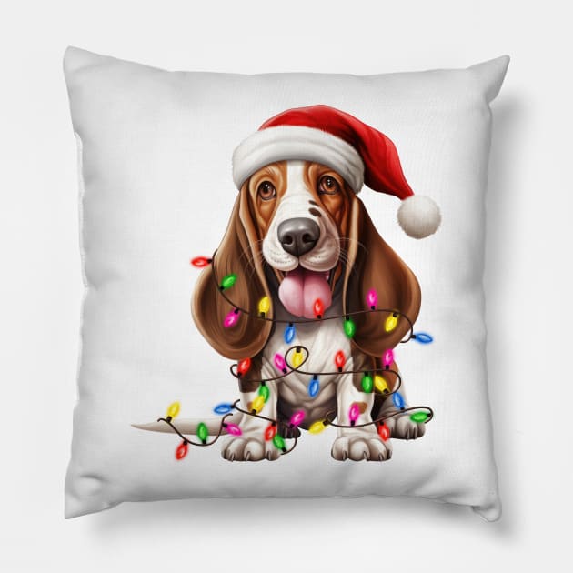 Christmas Basset Hound Pillow by Chromatic Fusion Studio