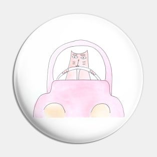 Cat is driving a car. Driver, road, journey. Watercolor illustration humorous. Humor, fun design modern Pin