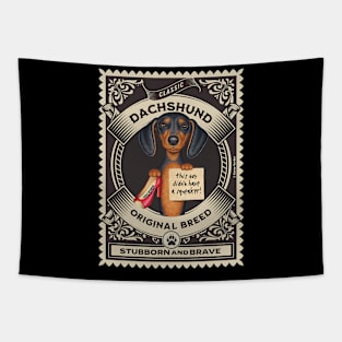 Fun dachshund holding new toy without squeaker in gold circle Tapestry