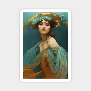 Art Nouveau Beauty in Turquoise and Orange - Vintage, Mucha, Gilded Age Magnet