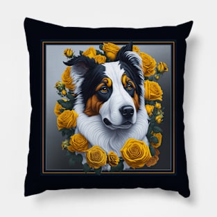 Australian Shepherd yellow roses 2 Pillow