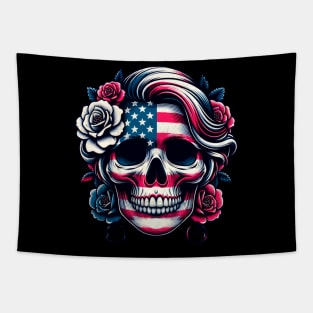 Patriotic Skull Flowers Bloom Independence Day USA American Flag Skull Face Roses Tapestry